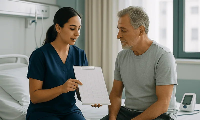 Nurse consulting with a patient in a hospital room in Turkey.