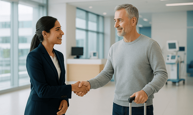 Patient and staff member shaking hands at Acibadem Hospital in Turkey.