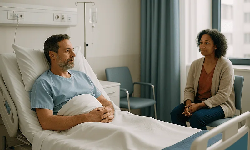 Patient talking with a visitor in a hospital room at Acibadem Hospitals Group.