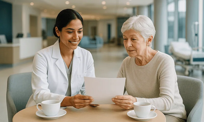 Healthcare professional consulting elderly woman at hospital.