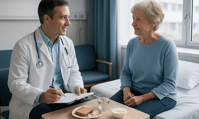 Doctor consulting with elderly woman in hospital room.