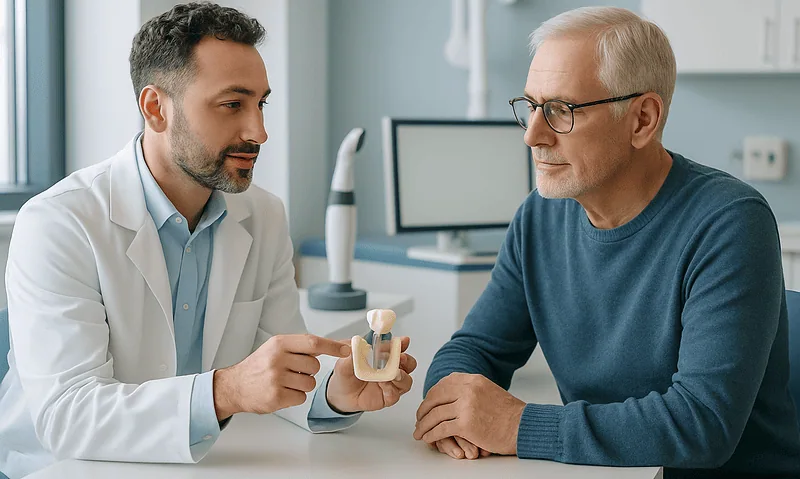 Dentist explaining dental implant procedure to patient in clinic.