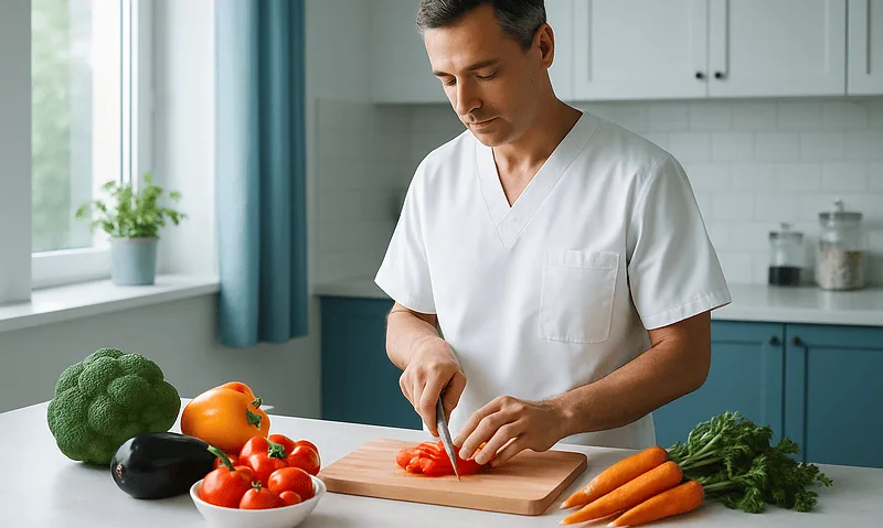 Man chopping red bell pepper in a modern kitchen with fresh vegetables.