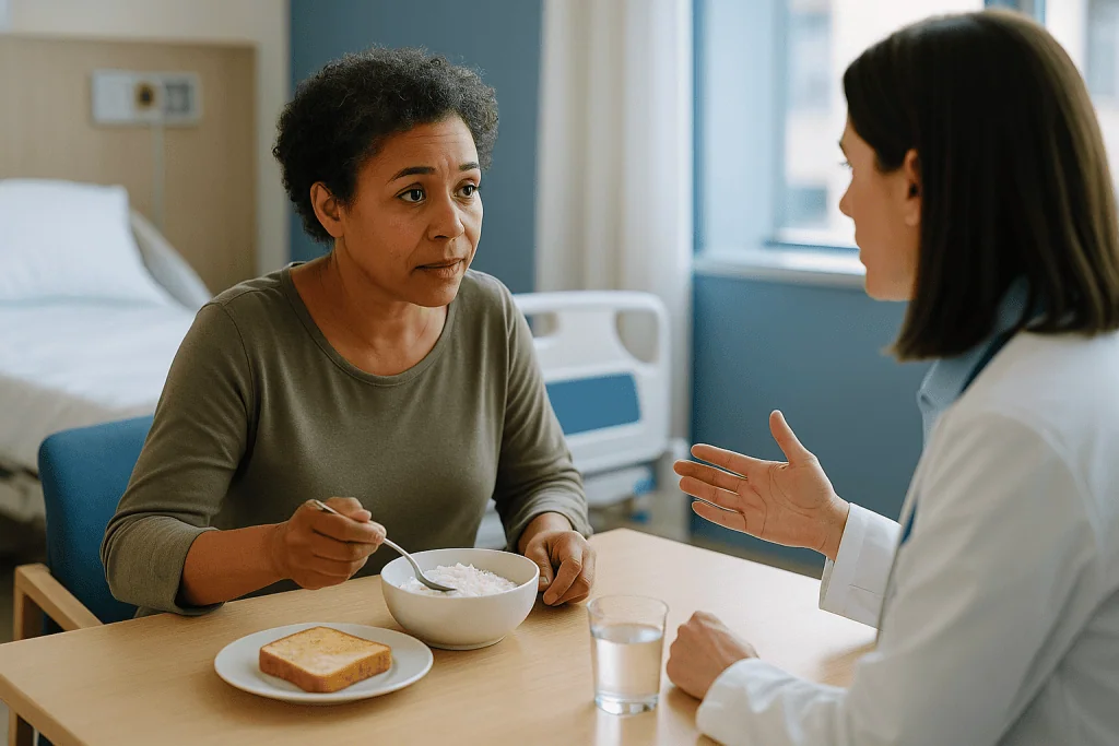 Patient eating bland food while consulting with healthcare provider — What to eat after food poisoning: the first bland meals