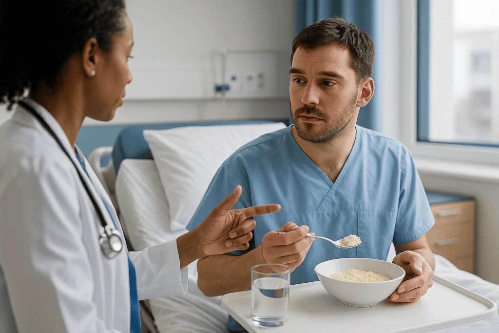 Patient eating soft food in hospital bed with doctor: What to eat after tonsillectomy in the first 24 hours