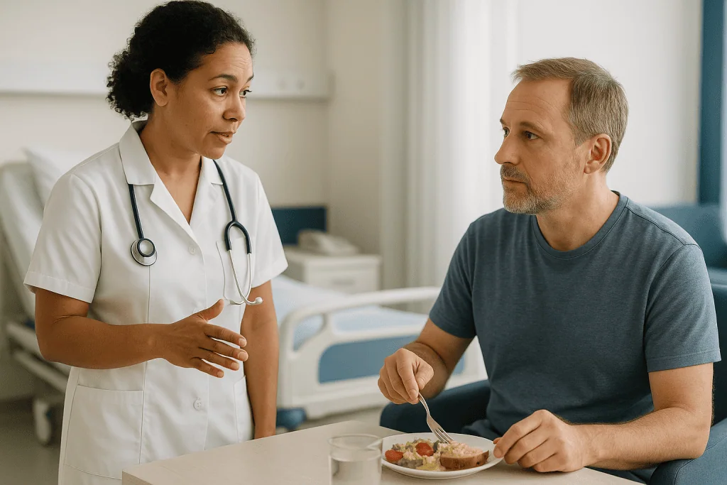 Doctor discussing nutrition with male patient eating meal: What to eat before plasmapheresis: the case for a light meal