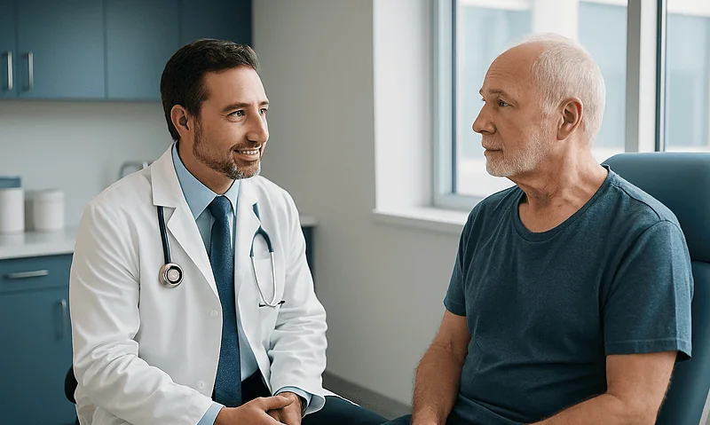 Doctor consulting with an elderly patient in a medical office.