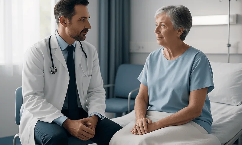 Doctor consulting with an elderly female patient in hospital room.