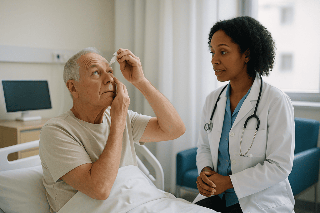 Doctor examining patient's eye during consultation: What to expect after glaucoma surgery in the first 48 hours