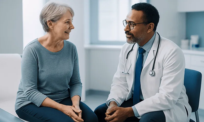 Doctor consulting with an elderly female patient in a medical office.