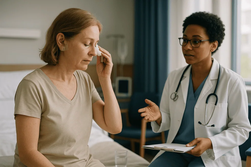 Doctor consulting patient in hospital room: What to expect after mastoidectomy in the first two weeks
