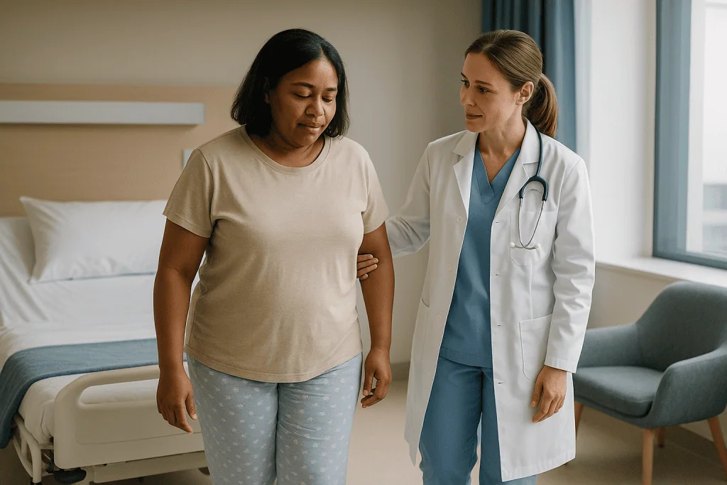 Doctor consulting with patient in hospital room: What to expect after vNOTES in the first 24 hours