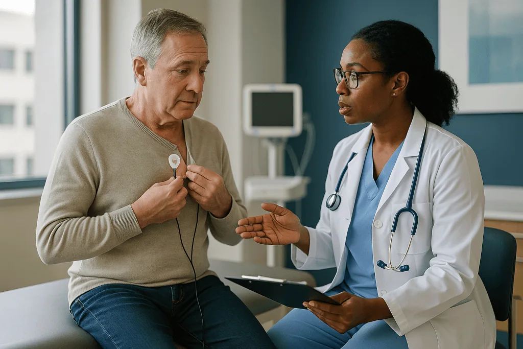 Doctor consulting with older male patient about cardiac device: What to expect at your first electrophysiologist appointment