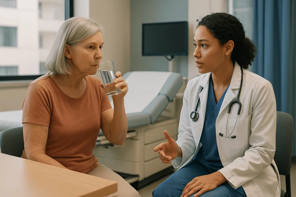 Doctor consulting with older patient in clinic room: What to expect at your first visit with a vascular surgeon