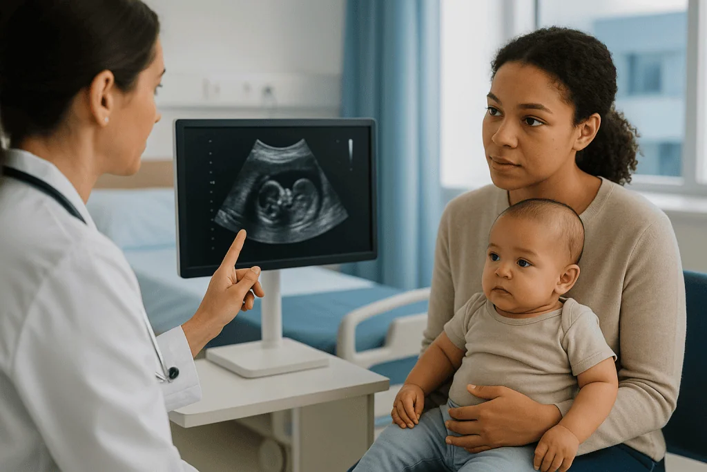 Pediatrician consulting mother holding infant, reviewing ultrasound imaging: What to expect before pediatric heart surgery: 