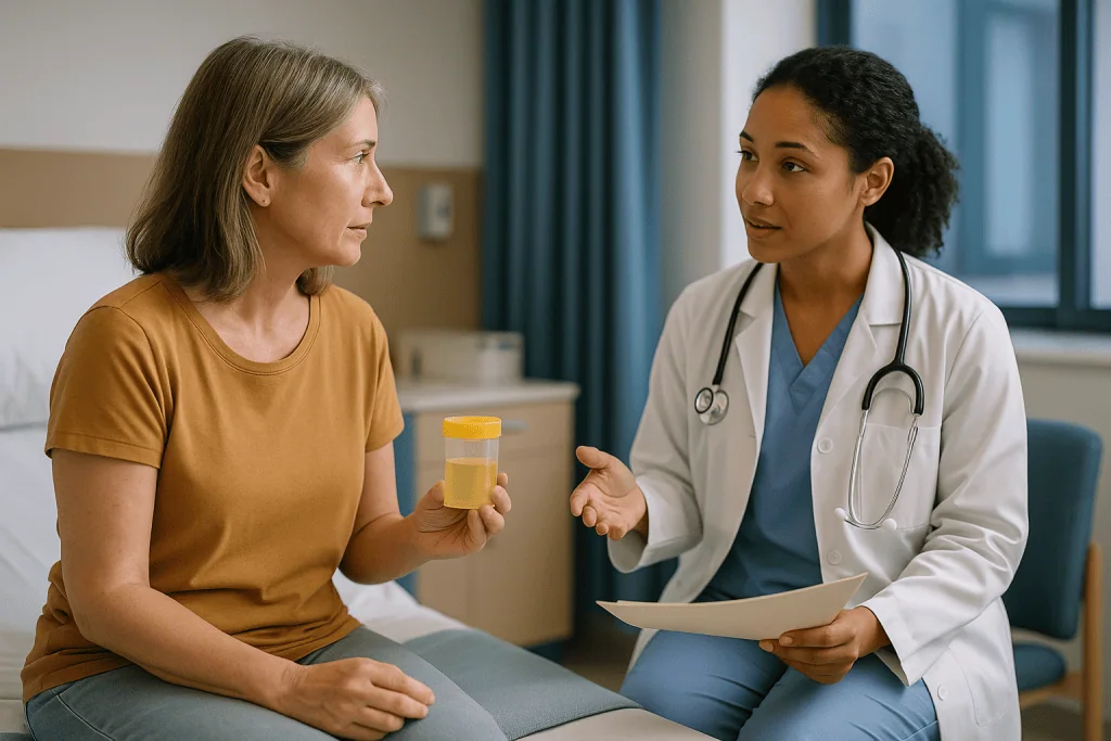 Doctor consulting patient with urine sample container: What to expect during a cystoscopy, step by step