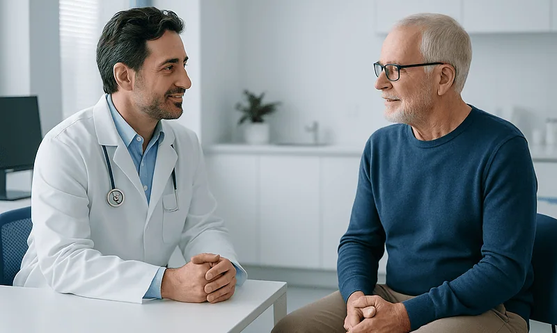 Doctor consulting with an elderly patient in a modern clinic.