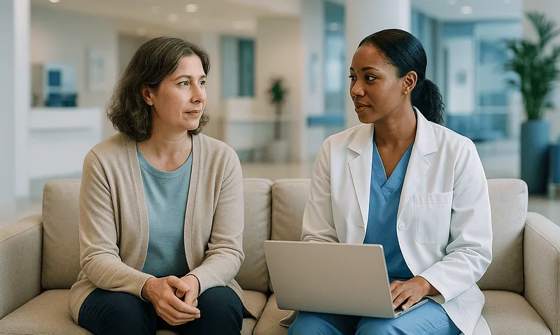 Patient consulting with doctor in modern hospital setting.