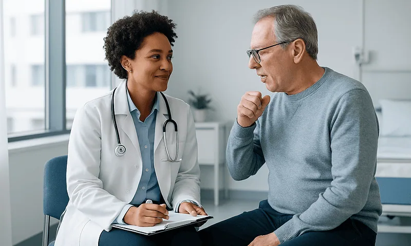 Doctor consulting with an elderly male patient in a medical office.