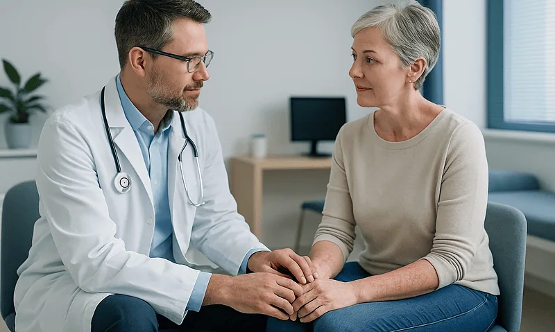 Doctor consulting with an elderly woman in a medical office setting.
