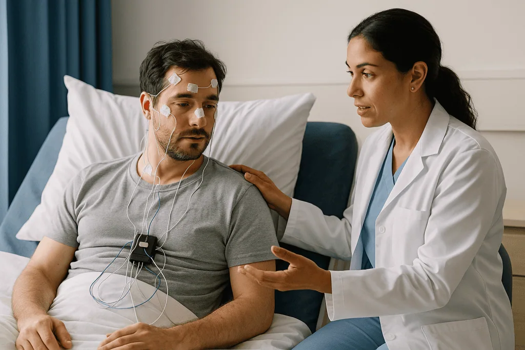 Doctor consulting patient with cardiac monitoring equipment — What to expect from the overnight polysomnography