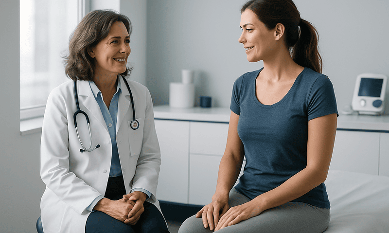 Doctor consulting with a patient in a modern medical office.