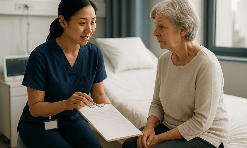 Nurse consulting with elderly patient in hospital room.