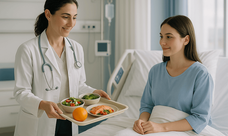 Doctor serving healthy meal to patient in hospital room.