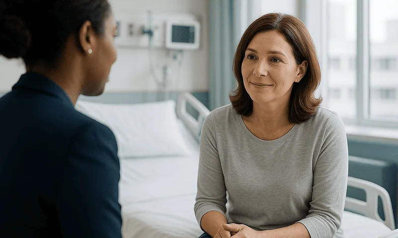 Patient consulting with doctor in hospital room at Acibadem Hospitals Group.