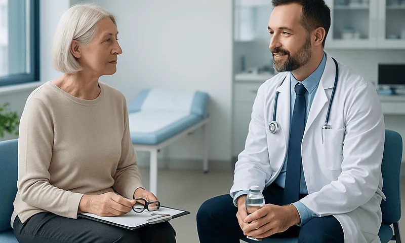 Doctor consulting with elderly woman in a medical office setting.