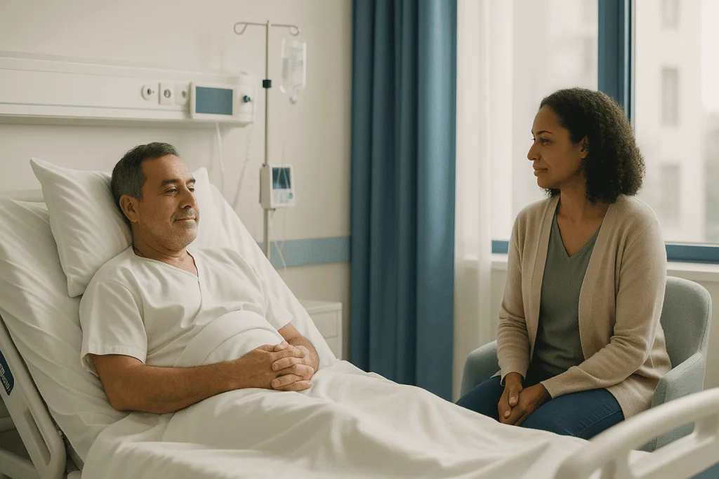 What to Pack for a Hospital Stay: The Surgery Checklist 1 Patient and nurse having a conversation in hospital room.