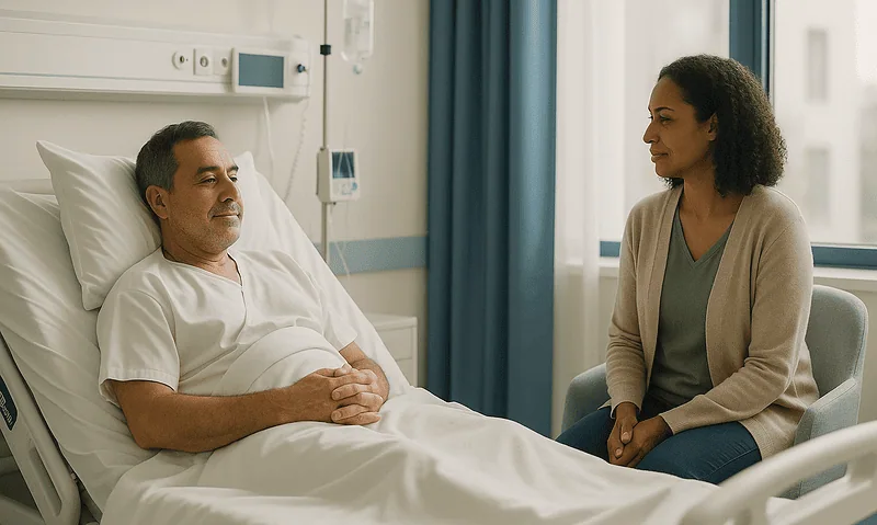 Patient and nurse having a conversation in hospital room.