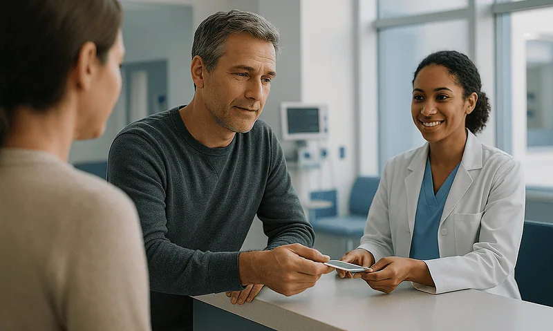 Doctor consulting with a patient and companion in a hospital setting.