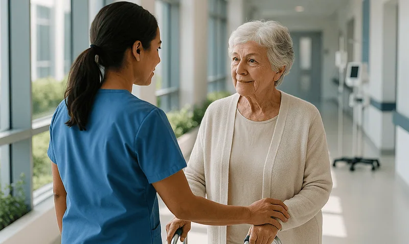 Nurse talking to elderly patient in hospital corridor.