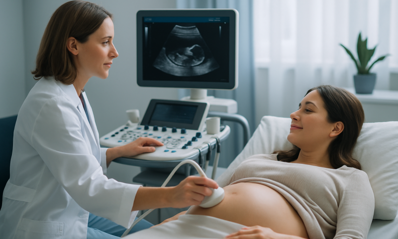Doctor performing an ultrasound on pregnant woman in hospital room.