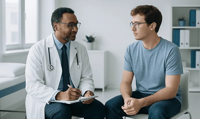 Doctor consulting with a young male patient in a medical office.