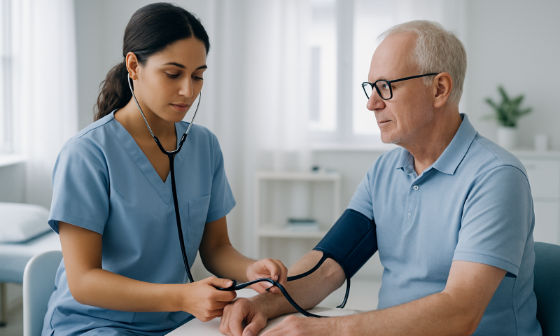 Nurse checking blood pressure of elderly male patient in clinic.