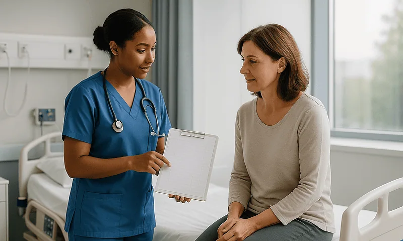 Nurse consulting with a patient in a hospital room at Acibadem Hospitals Group.