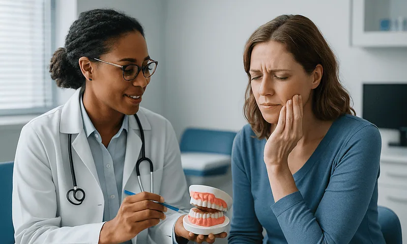 Dentist explaining tooth decay signs to a patient with a dental model.