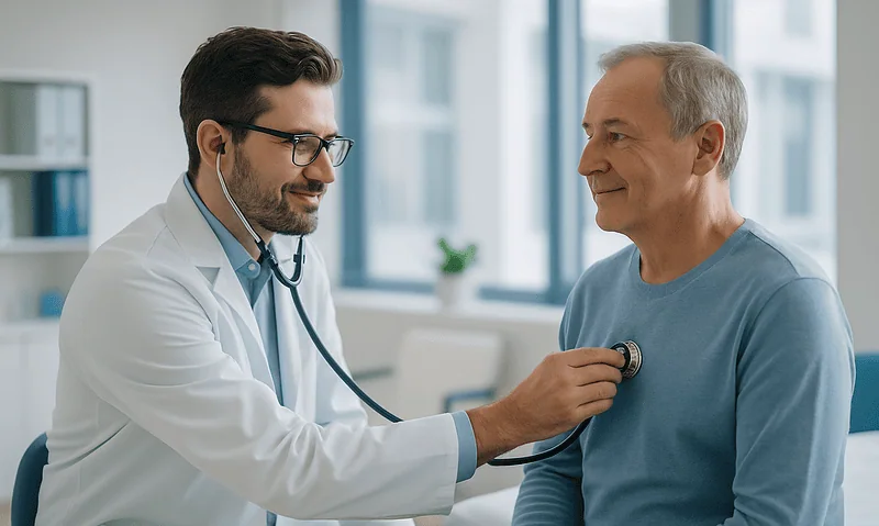 Doctor examining a senior male patient with a stethoscope in a modern clinic.