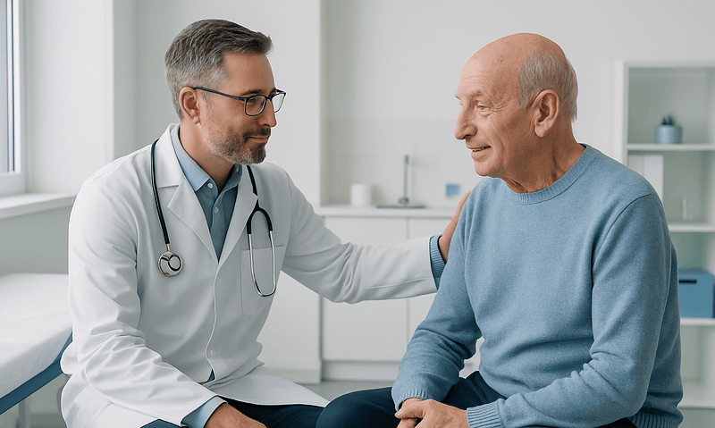 Doctor consulting with elderly patient in a medical clinic.