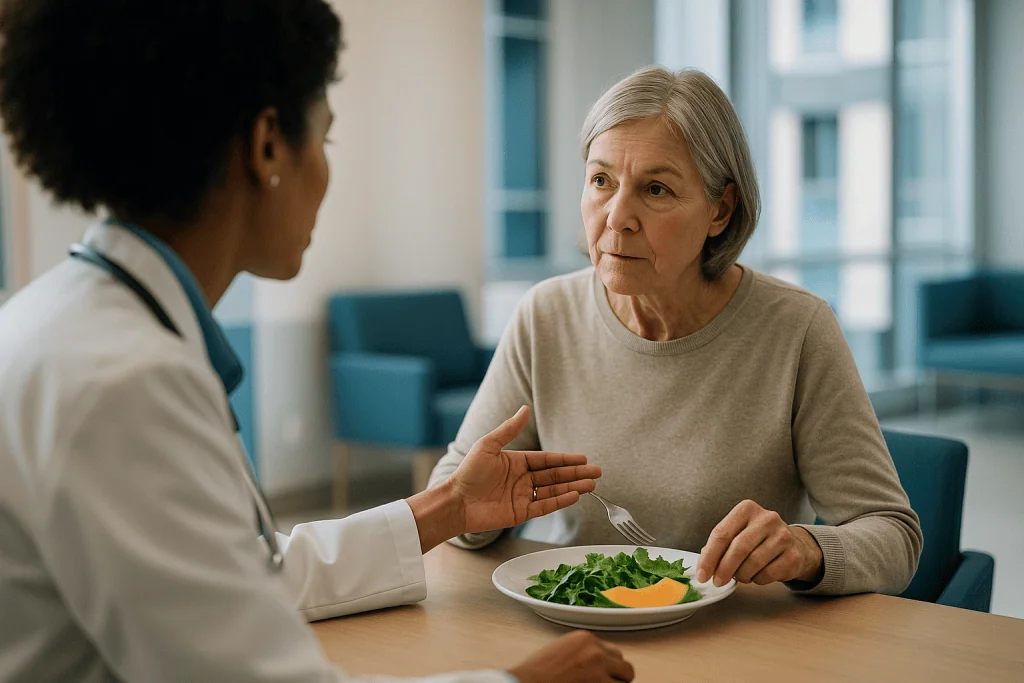 Doctor consulting patient about nutrition with salad plate: What treatment is actually aiming at, and what it cannot do dire