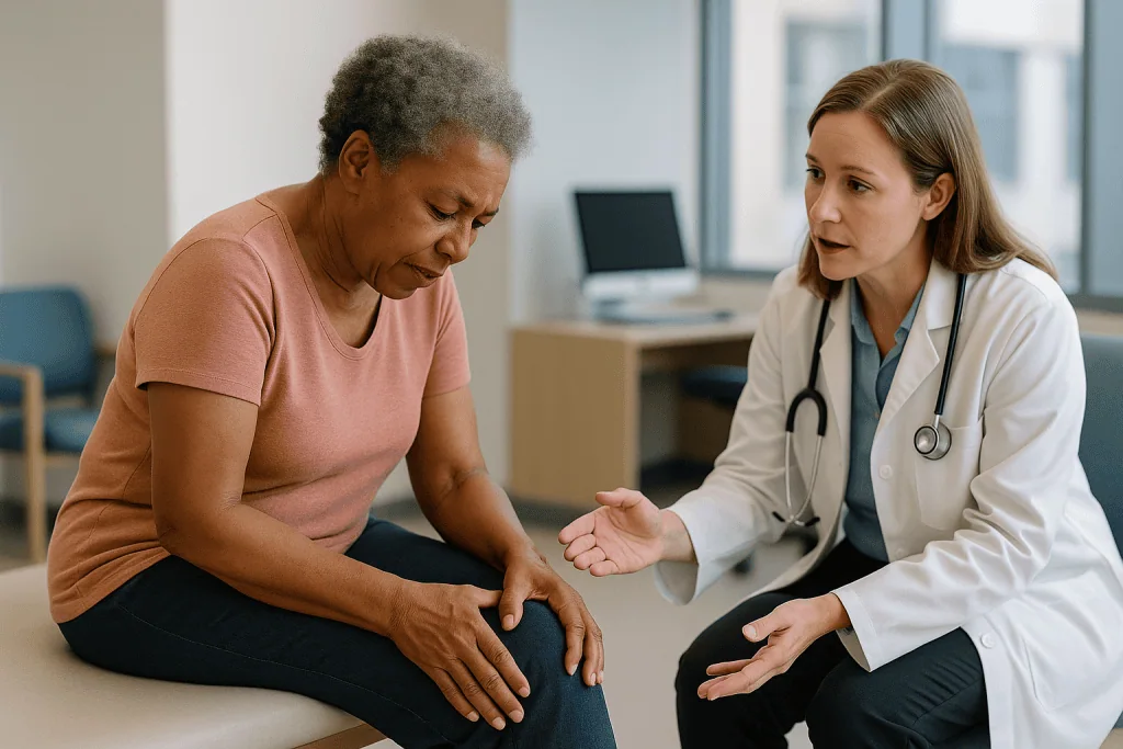 Doctor examining patient's knee during consultation: What triggers a bursitis flare-up? The usual suspects