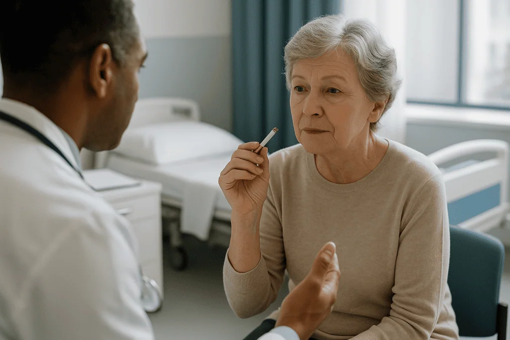 Doctor consulting with elderly female patient in hospital room: What triggers bronchiectasis flare-ups?