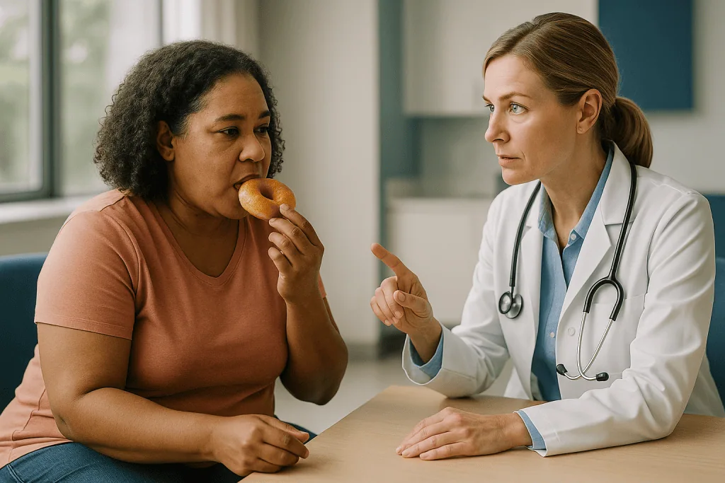 Doctor consulting patient eating donut in office: What triggers fibroids to grow? Risk factors and known drivers