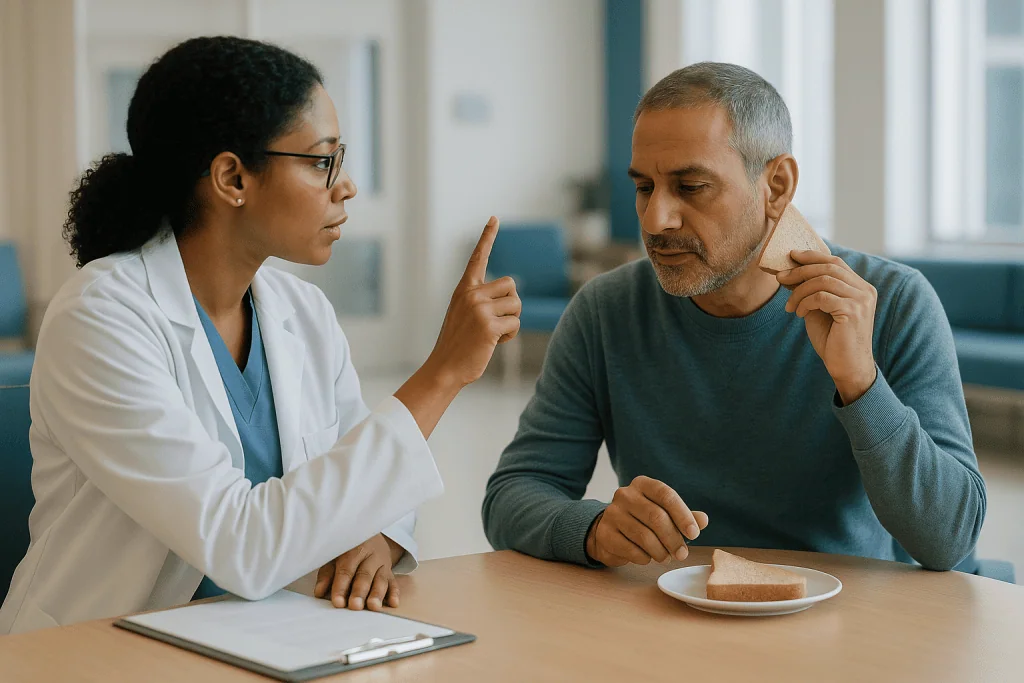 Doctor consulting with male patient over food: What tympanoplasty repairs, and why the new eardrum is fragile at first