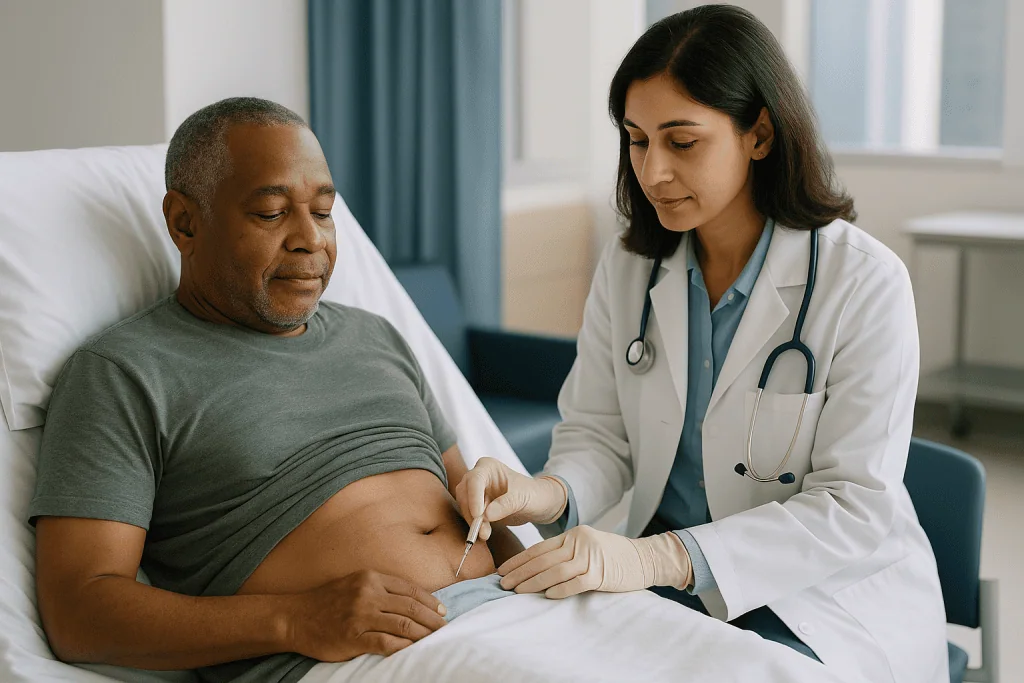 Doctor performing abdominal examination or injection on patient: What type of biopsy is most accurate for diagnosing amyloid