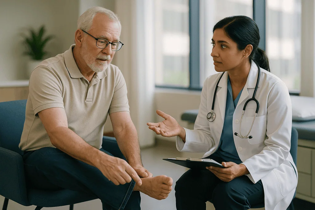 Doctor consulting with older male patient in clinic: What type of doctor treats gout, and when a rheumatologist steps in