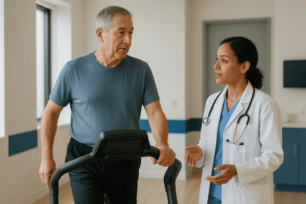 Older male patient using stationary bike with female doctor: What type of exercise is recommended for people with hypertroph
