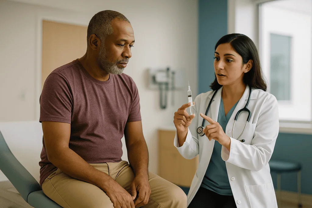 Doctor discussing injection with male patient in clinic: What type of injection is used to block nerve pain?